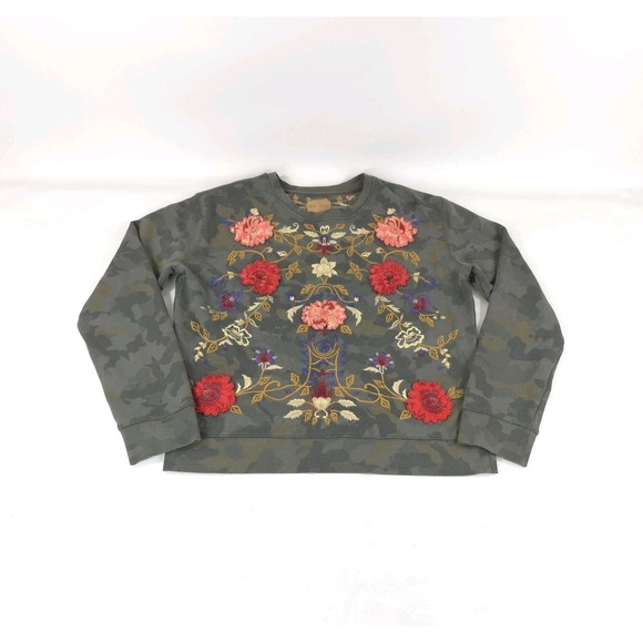 DRIFTWOOD Tops - Driftwood Teddy Sweatshirt Green Floral Embroidered Size Medium Classic Fit